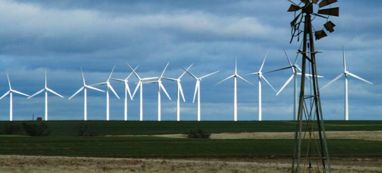 row of wind turbines along a highway in green fields