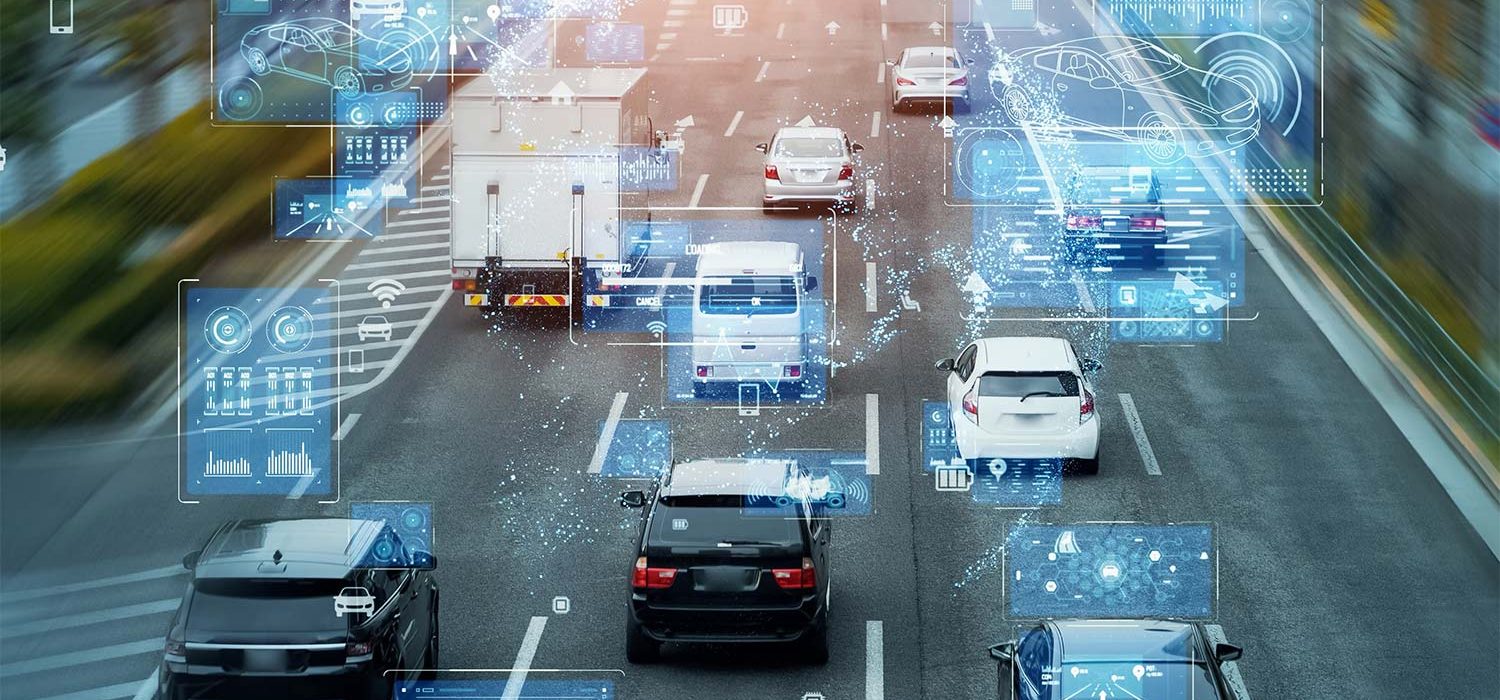 technology ITS map concept with cards and trucks on road