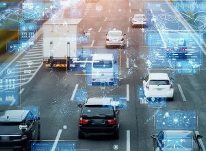 technology ITS map concept with cards and trucks on road