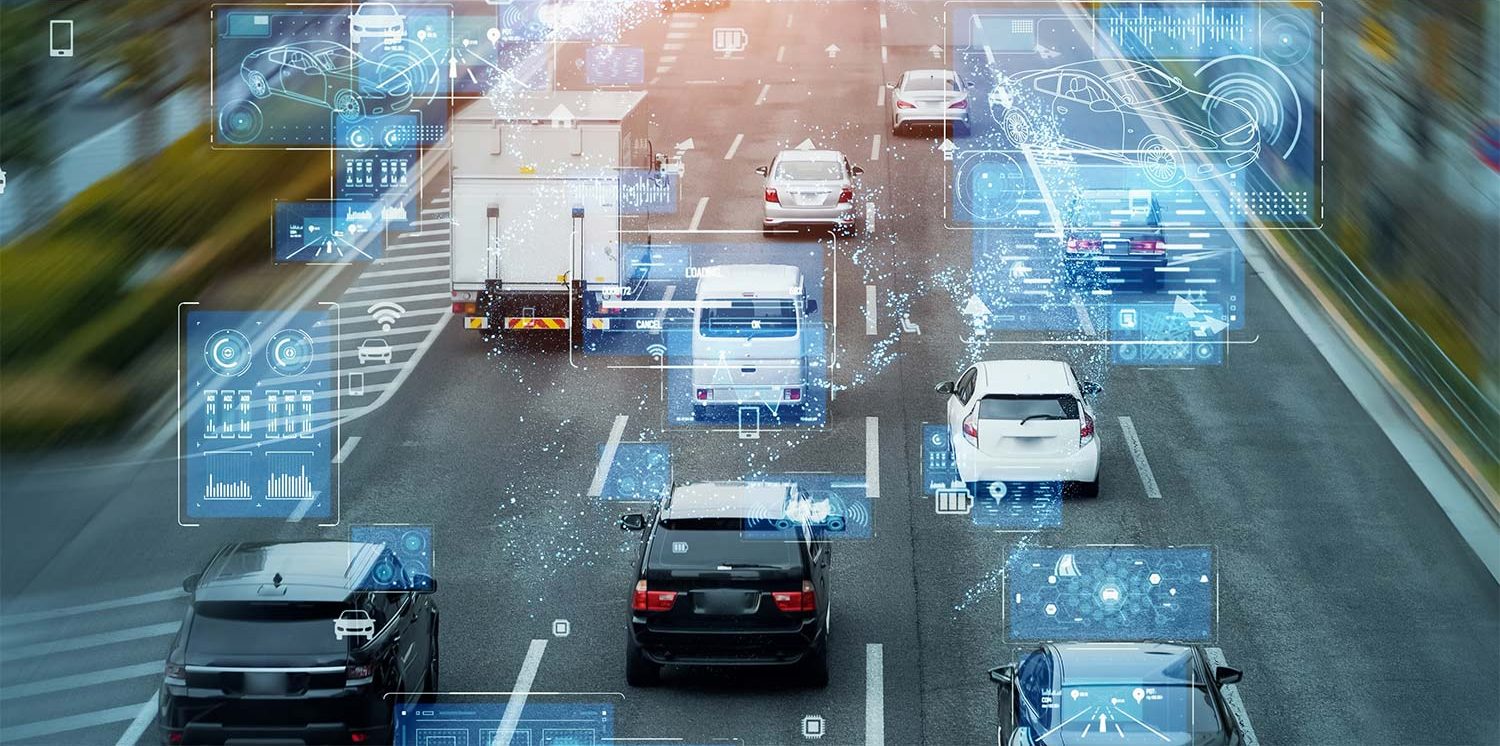technology ITS map concept with cards and trucks on road