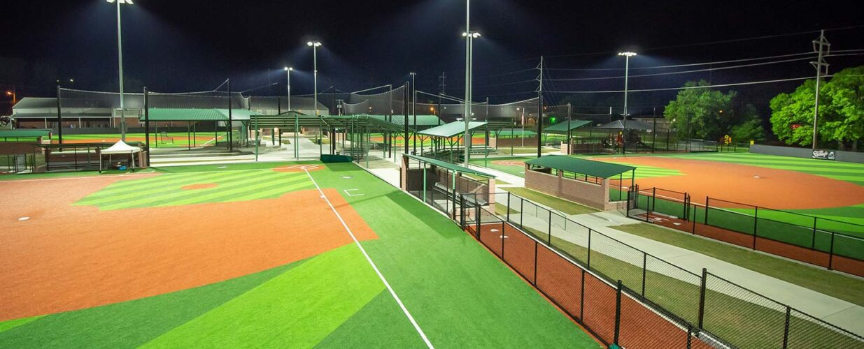 lighted baseball fields at night at Majestic Park