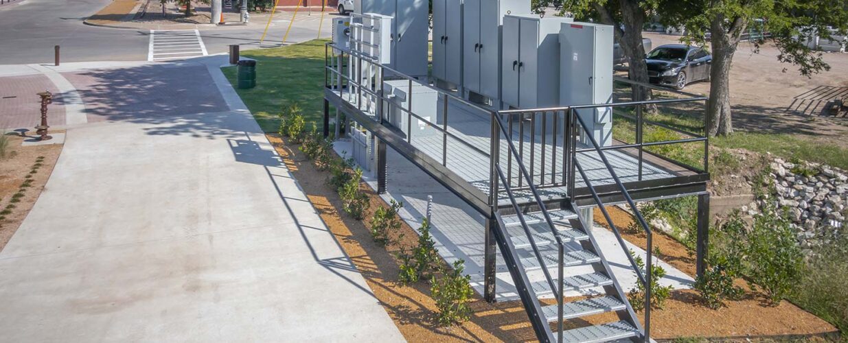 elevated electrical boxes outside at Railyard Park