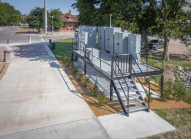 elevated electrical boxes outside at Railyard Park