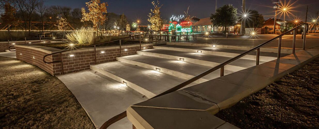 lights in stairway at Railyard Park at night