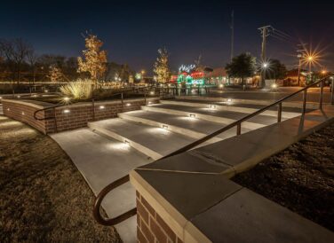 lights in stairway at Railyard Park at night