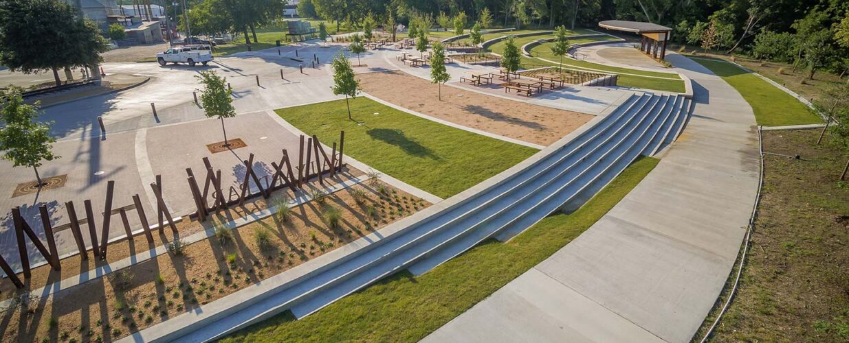 aerial view of Railyard Park sidewalk and amphitheater