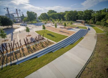 aerial view of Railyard Park sidewalk and amphitheater