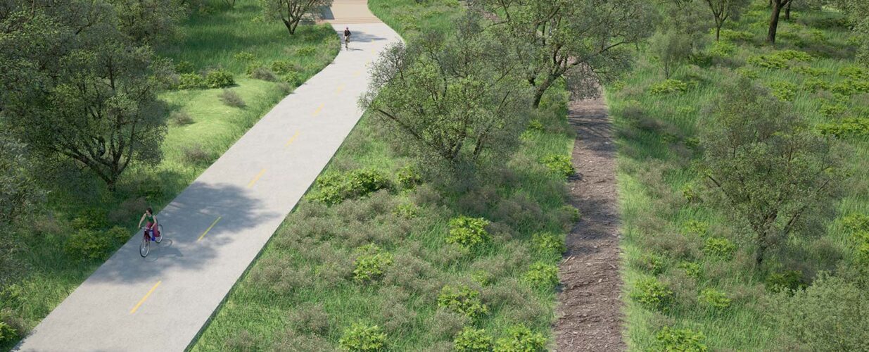 rendering of sidewalk and bike trail at Trinity Forest trail