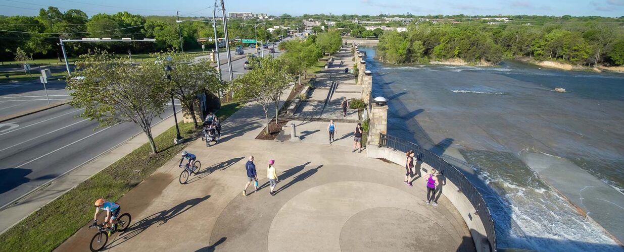 aerial view of White Rock Lake trail with people outside