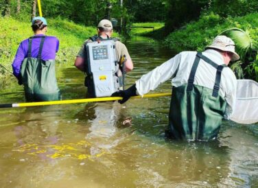 crew members wading in water performing environmental constraints analysis