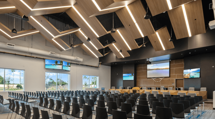 Auditorium with lights and chairs at Brownvsille PUB New Annex Building