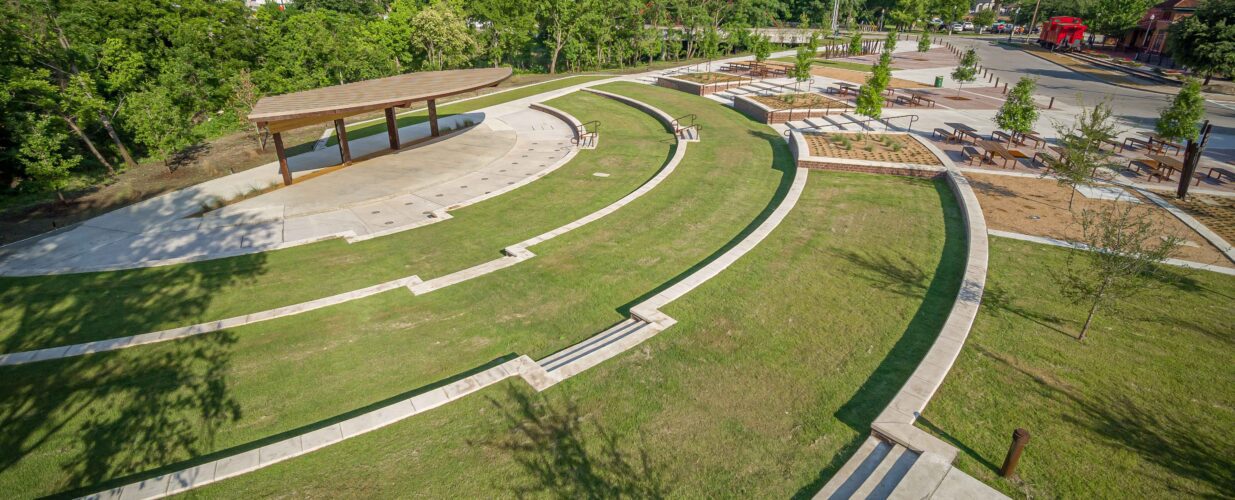 aerial view of amphitheater landscape architecture at Railyard Park