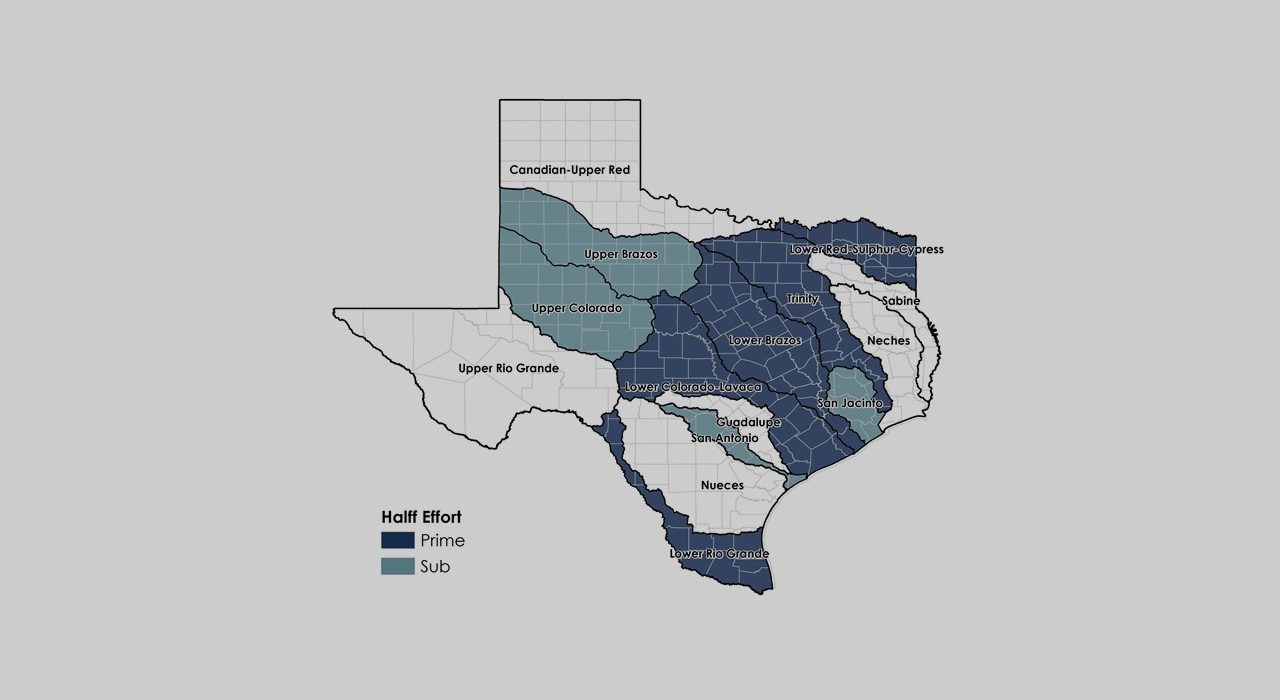 Texas state map of Halff's efforts in prime and sub