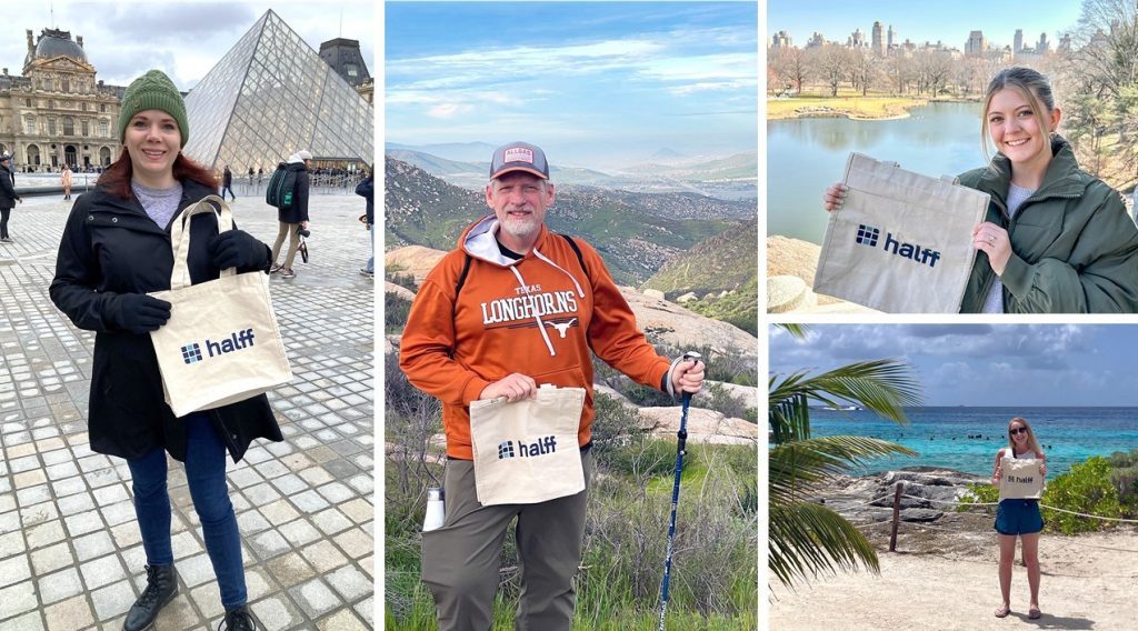 Halff employees posing with Halff Bags while traveling and on vacation in March 2023