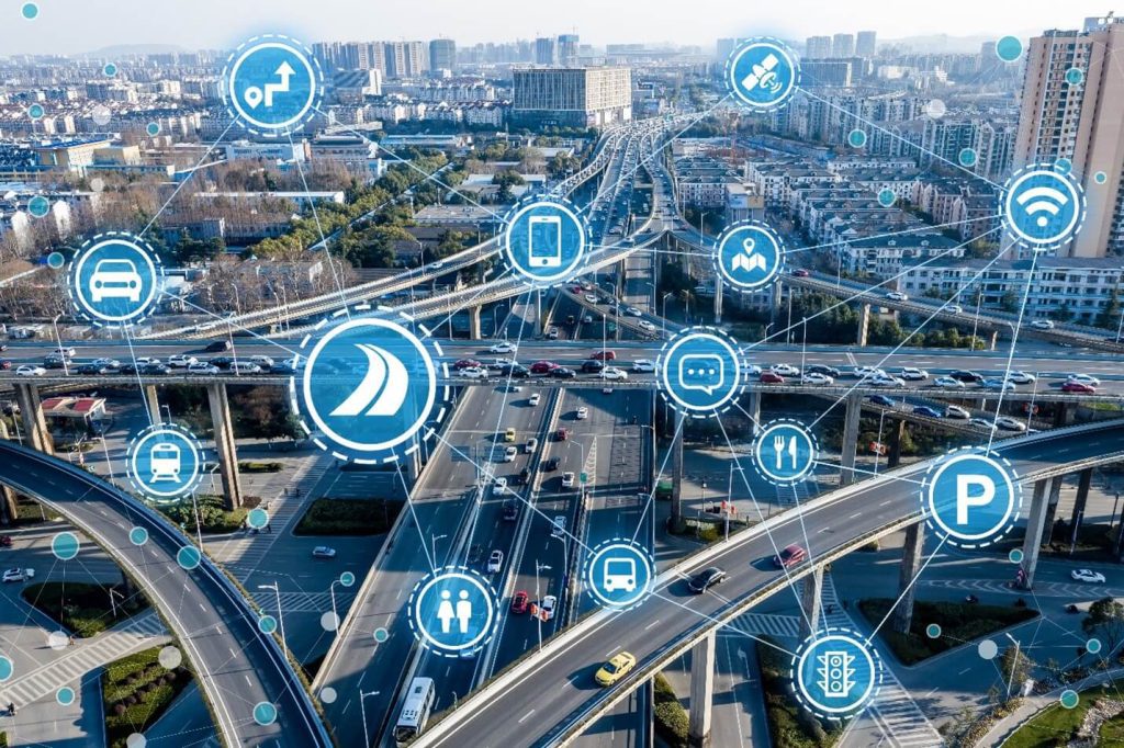 Interconnected smart city technologies with roads and interchanges