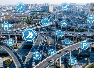 Interconnected smart city technologies with roads and interchanges