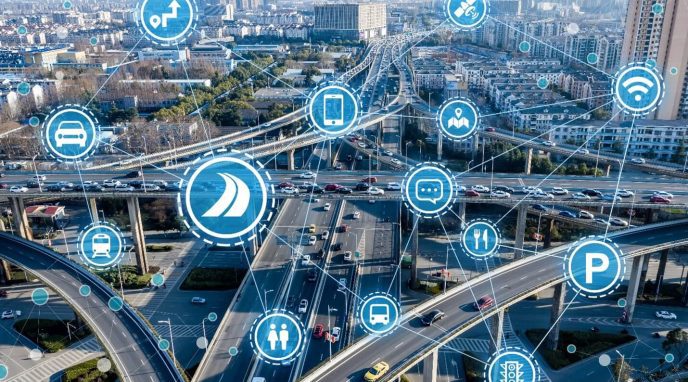 Interconnected smart city technologies with roads and interchanges