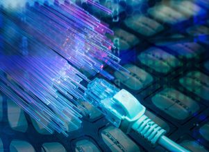 network cables closeup with fiber optical background