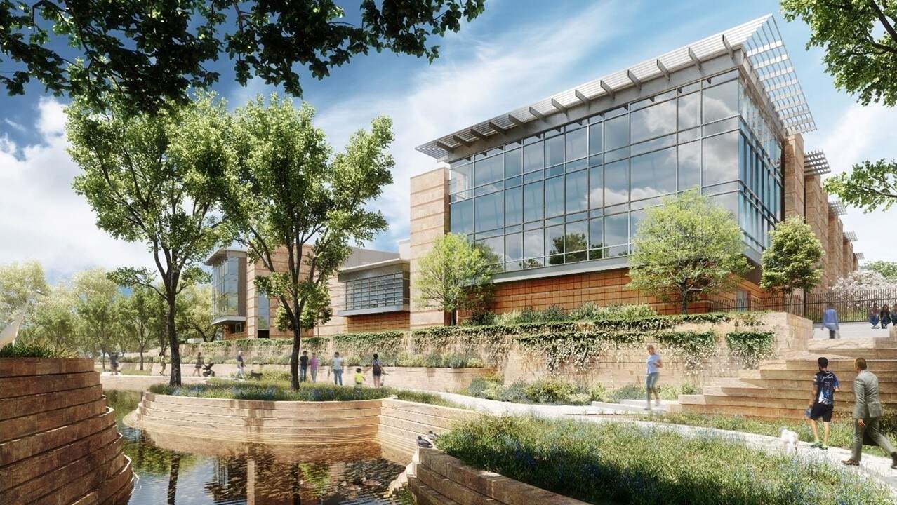 visual rendering of San Antonio courthouse alongside the San Pedro Creek park and walking path