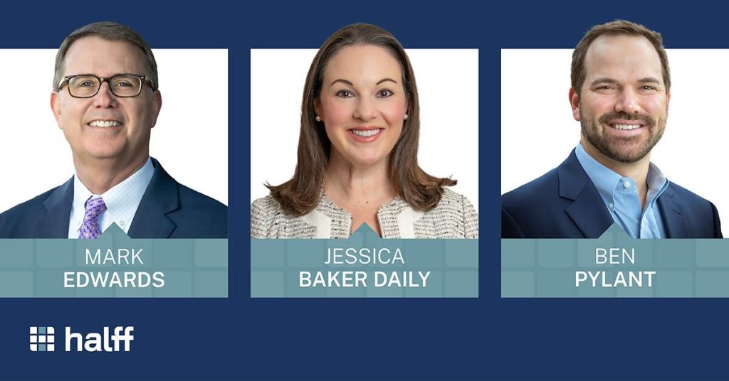 Graphic of Halff CEO Mark Edwards, incoming President/CEO Jessica Baker Daily, and incoming Chief People Officer Ben Pylant of Halff
