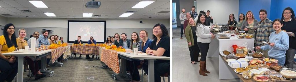 Collage of Thanksgiving potlucks at Halff in Richardson and Fort Worth, TX