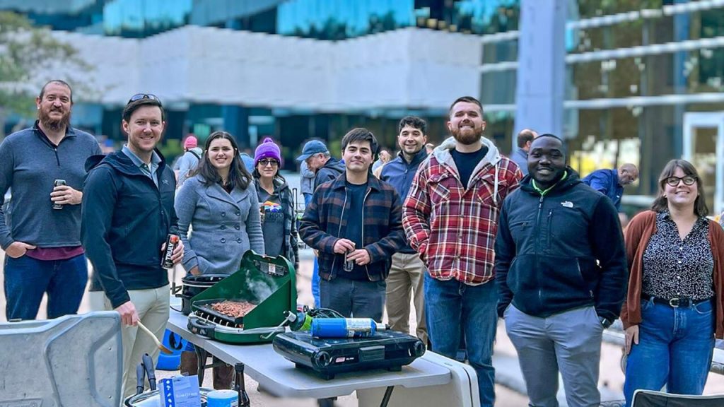 Chili cook-off at Haff's Fort Worth, TX office with employees gathering outside