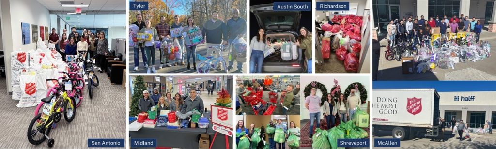 Collage of Halff offices participating in the Salvation Army Angel Tree program 