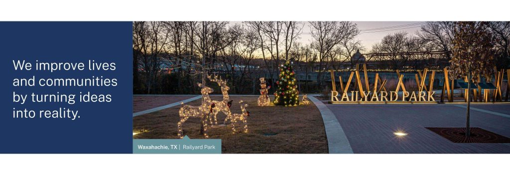 Railyard Park at Christmastime during dusk in Waxahachie, Texas