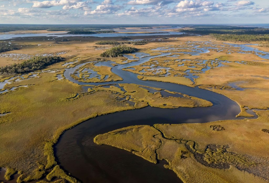 winding tributary river through dry marshland